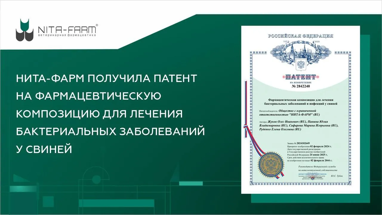 НИТА-ФАРМ получила патент на фармацевтическую композицию для лечения бактериальных заболеваний и инфекций у свиней  НИТА-ФАРМ